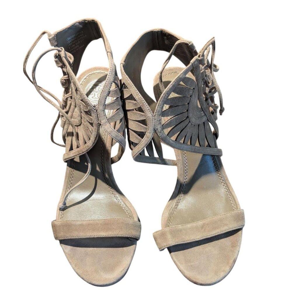Tory Burch Light Gray Suede Fringe Lace-Up Heeled Sandals 8.5M Leather Sole